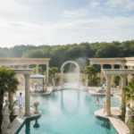 Piscine extérieure chauffée et décor antique du spa Villa Pompéi aux Thermes Amnéville